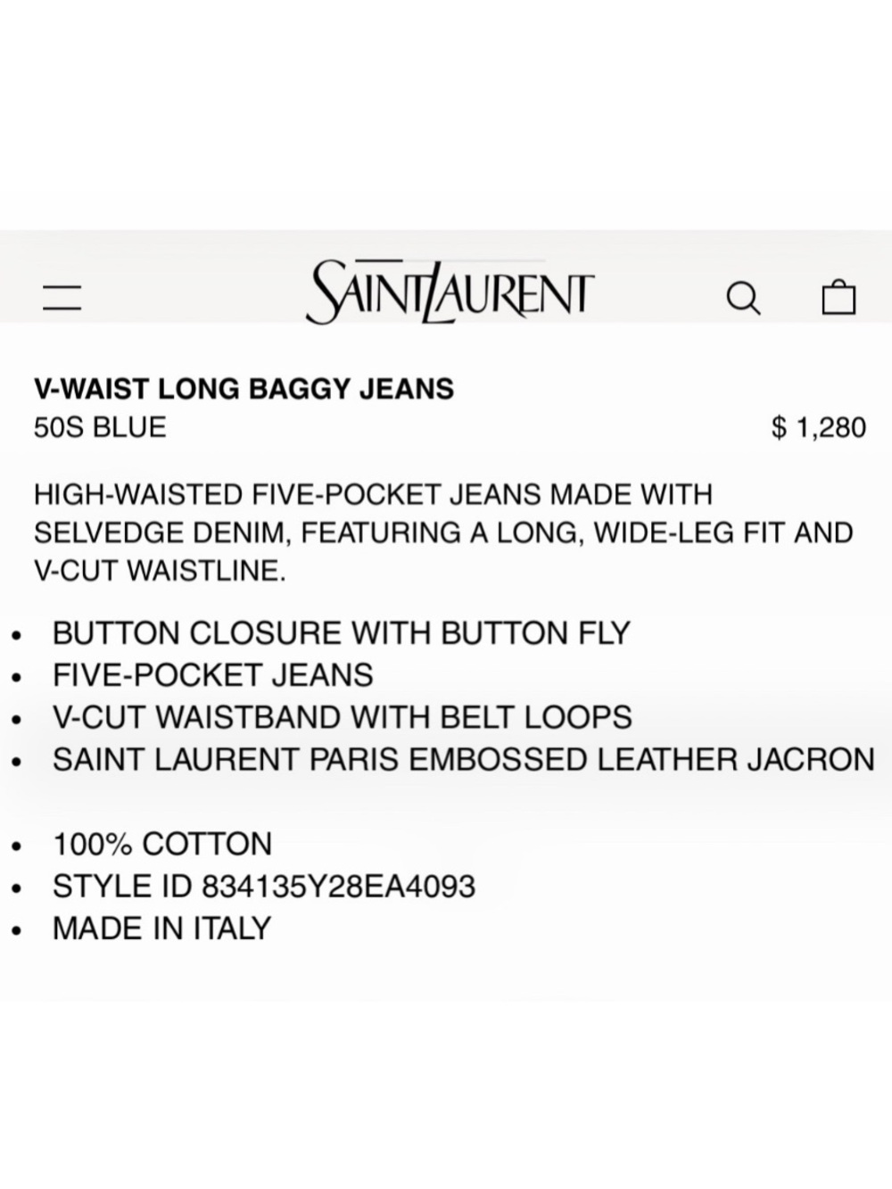 SAINT LAURENT ✨ V-Waist Baggy High Rise Wide Leg Jeans 50’s Blue 24 - Picture 7 of 15
